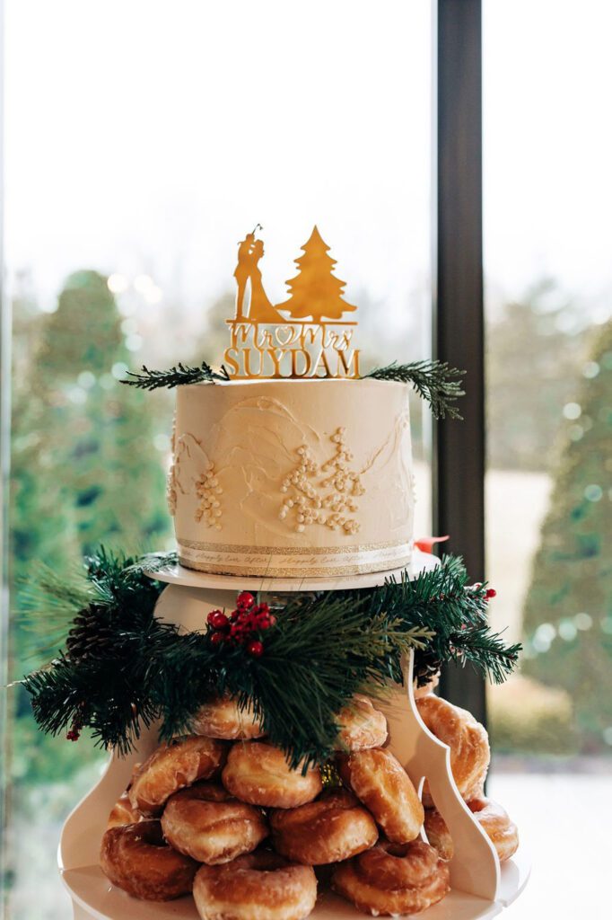 cake and donuts at winter wedding at The Heartland Lodge